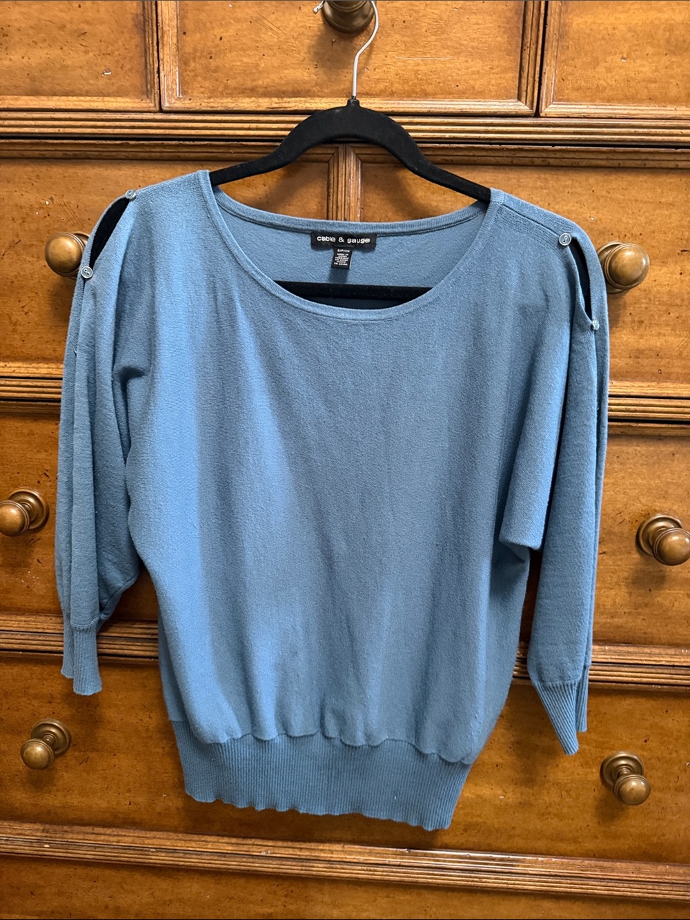 Cable & Gauge Dusty Slate Blue Off-Shoulder Button-Tab Sweater